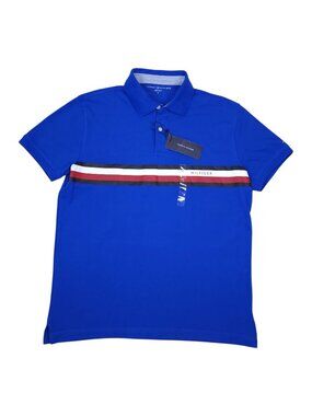 Tommy Hilfiger Mens Blue Polo Shirt Signature Stripe & Button Closure Medium
